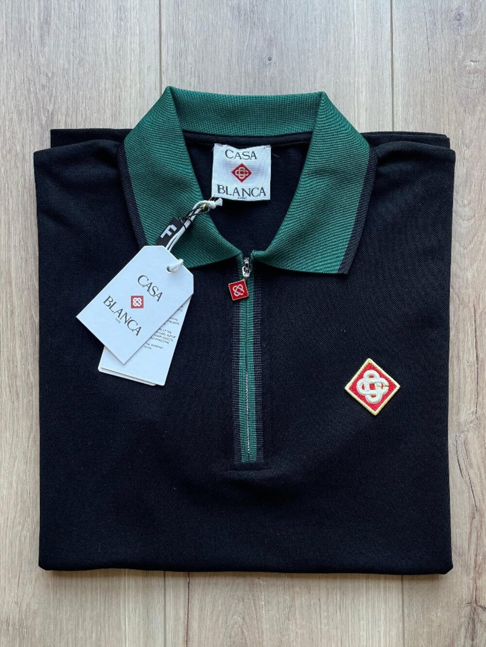 L Casablanca Black Polo Shirt Green Collar Half Zip Embroidered Logo Men